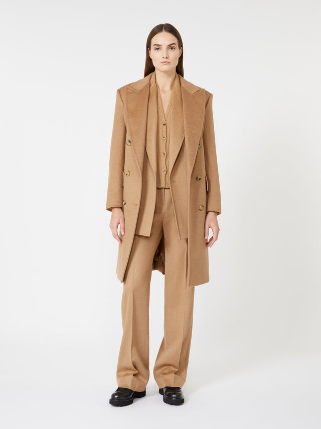 Double-breasted camel coat