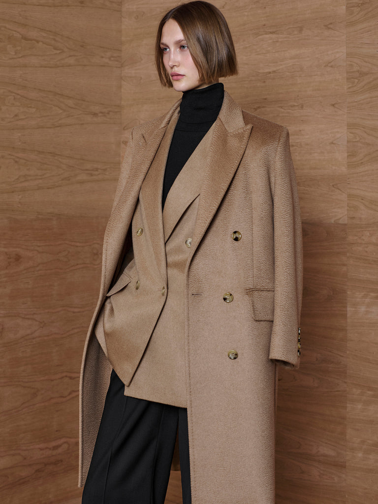 Double-breasted camel coat