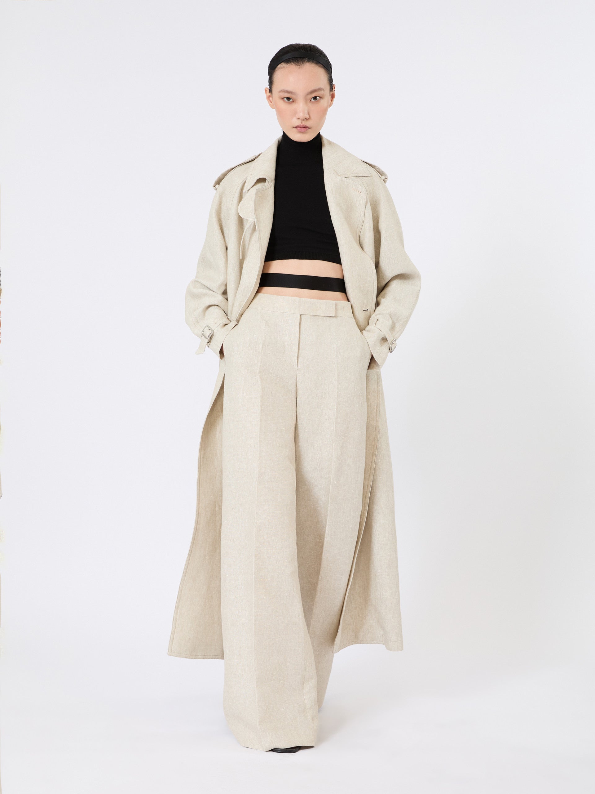 Pure Linen Drill Double-Breasted Duster Coat for Women - Sand - Max Mara KSA
