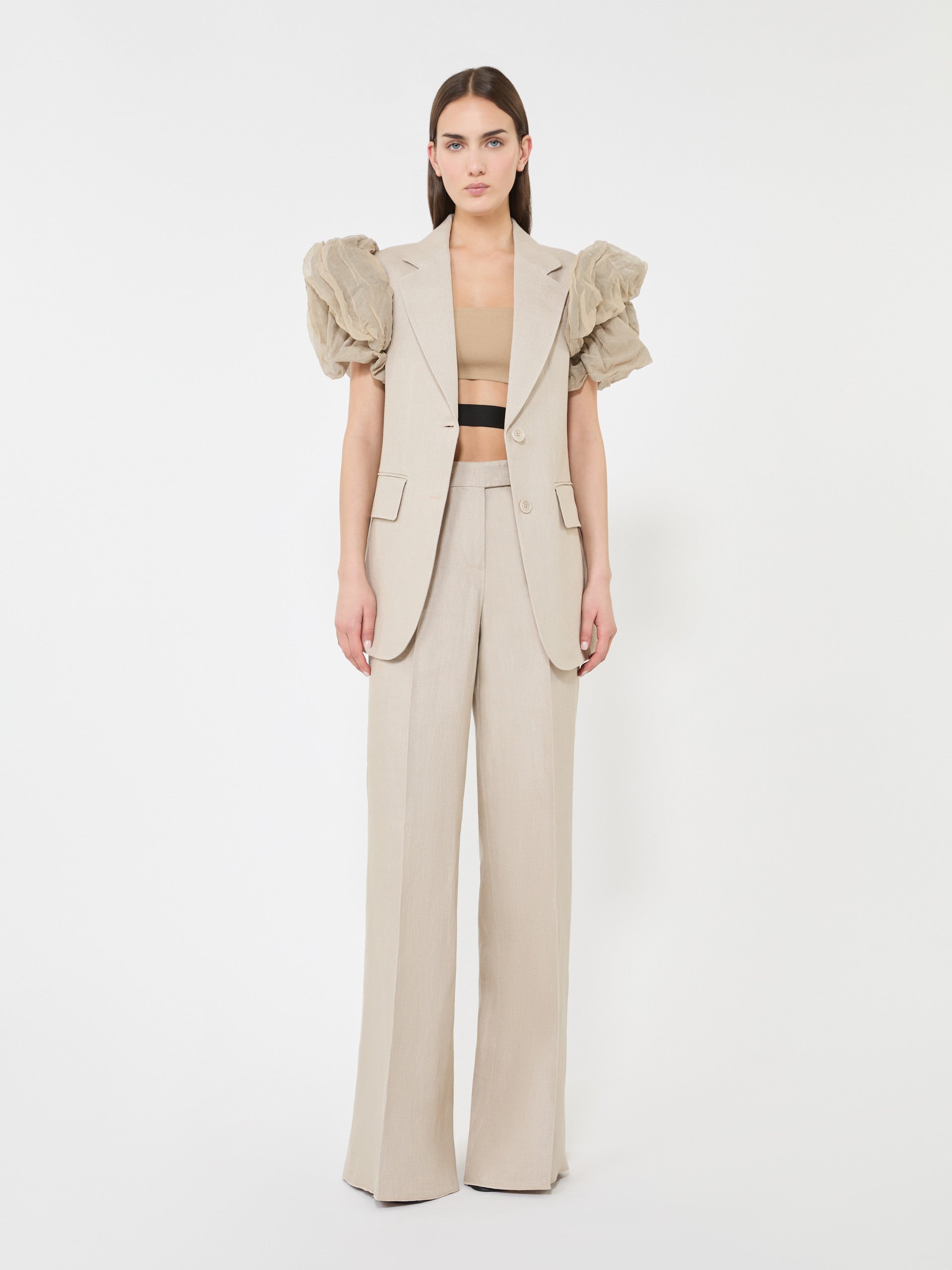 Wide-Leg Trousers In Linen Basketweave for Women - Sand - Max Mara KSA