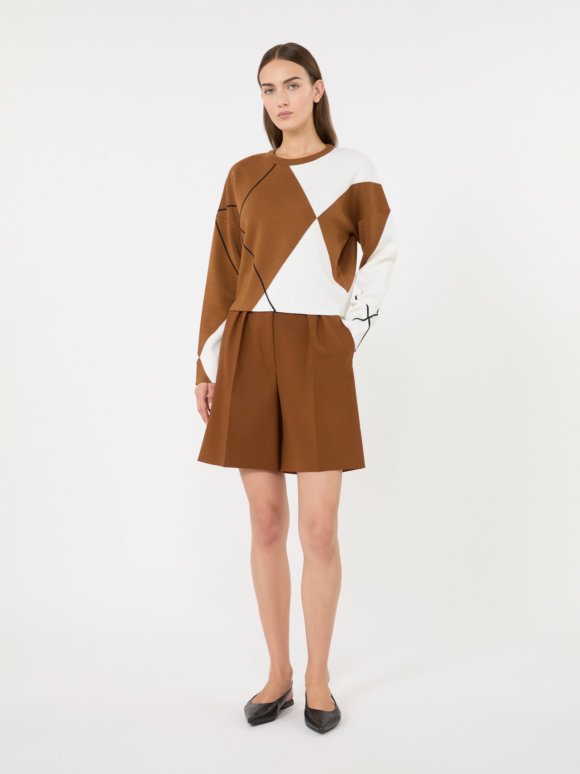 Double Woollen Cloth Bermuda Shorts for Women - Tobacco - Max Mara KSA