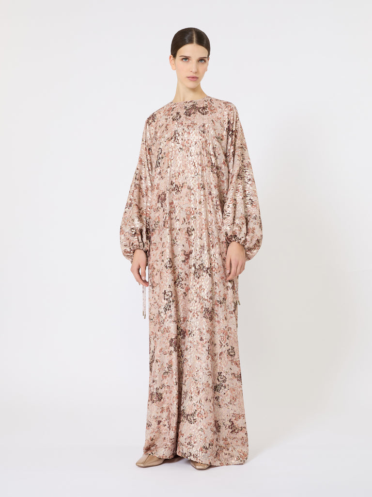 Long fil coupé and printed lamé dress