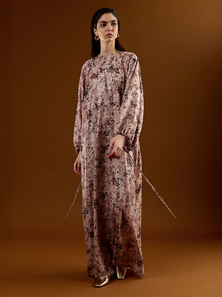 Long fil coupé and printed lamé dress