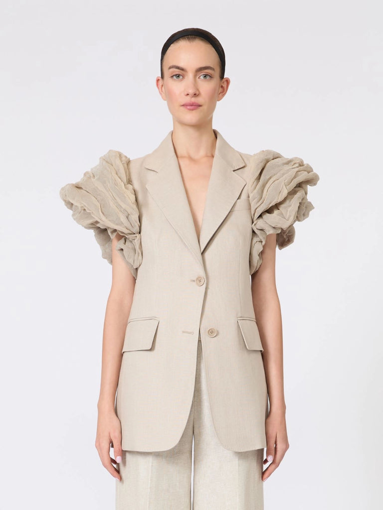 max mara oversized sleeveless linen jacket with ruffles