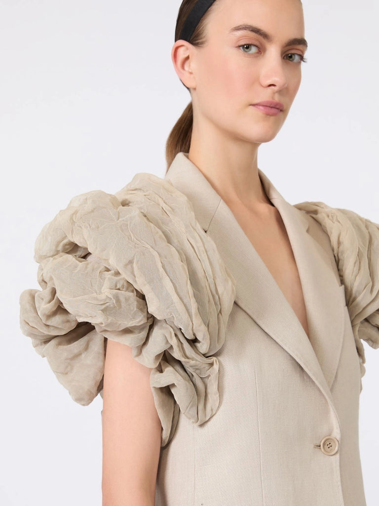 max mara oversized sleeveless linen jacket with ruffles