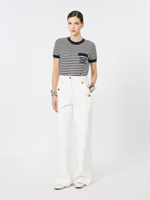 Striped Cotton Mesh T-Shirt for Women - White Blue - Max Mara KSA