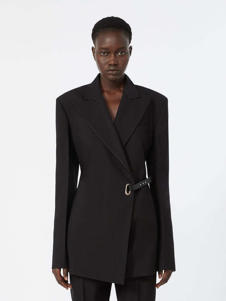 max mara بليزر بقصة كلاسيكية أنيقة بتفاصيل من الفيسكوز والجلد