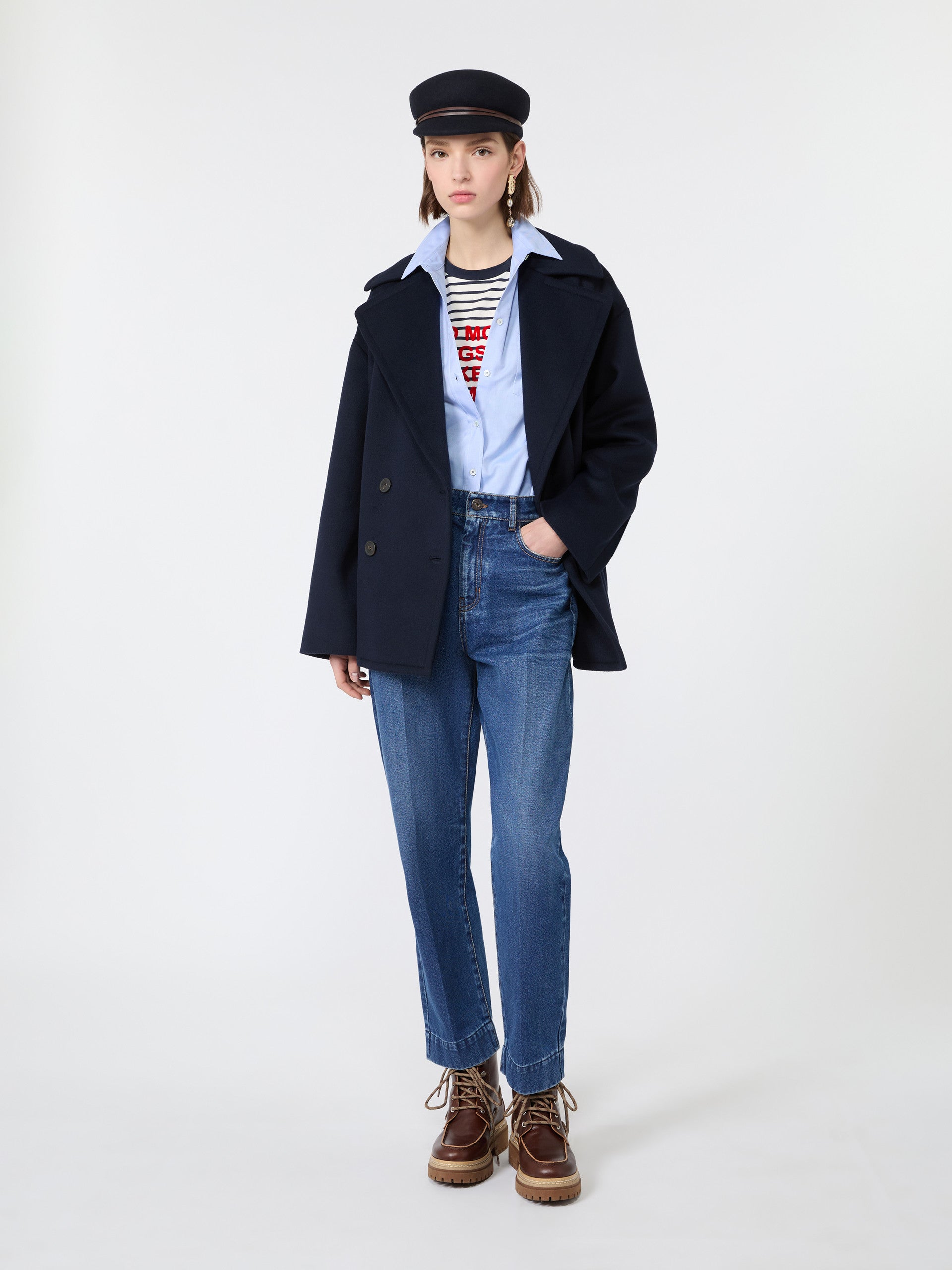 Double-Sided Wool Double-Breasted Pea Coat for Women - Navy - Max Mara KSA