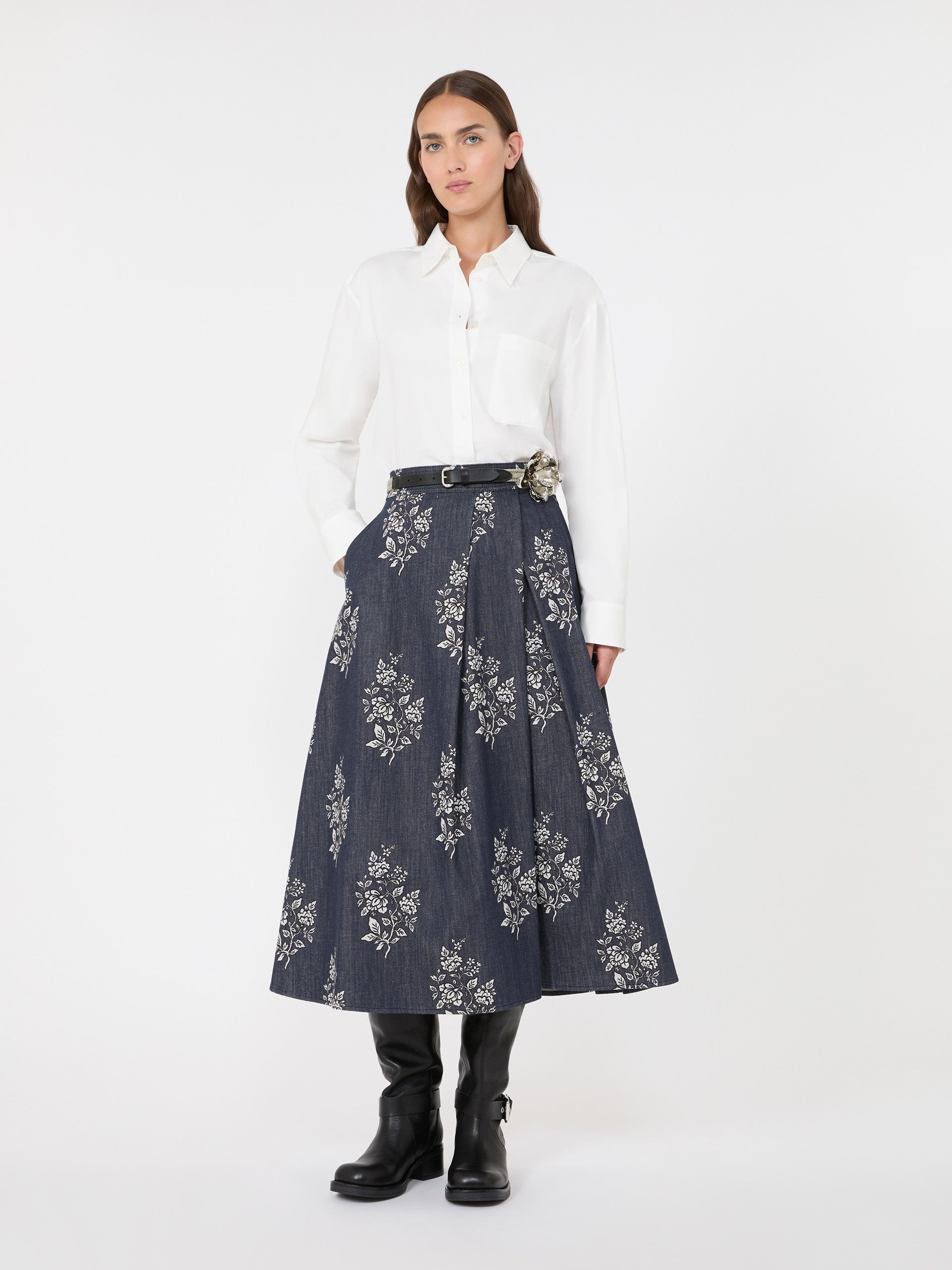 Pleated Printed Cotton Skirt for Women - Navy - Max Mara KSA