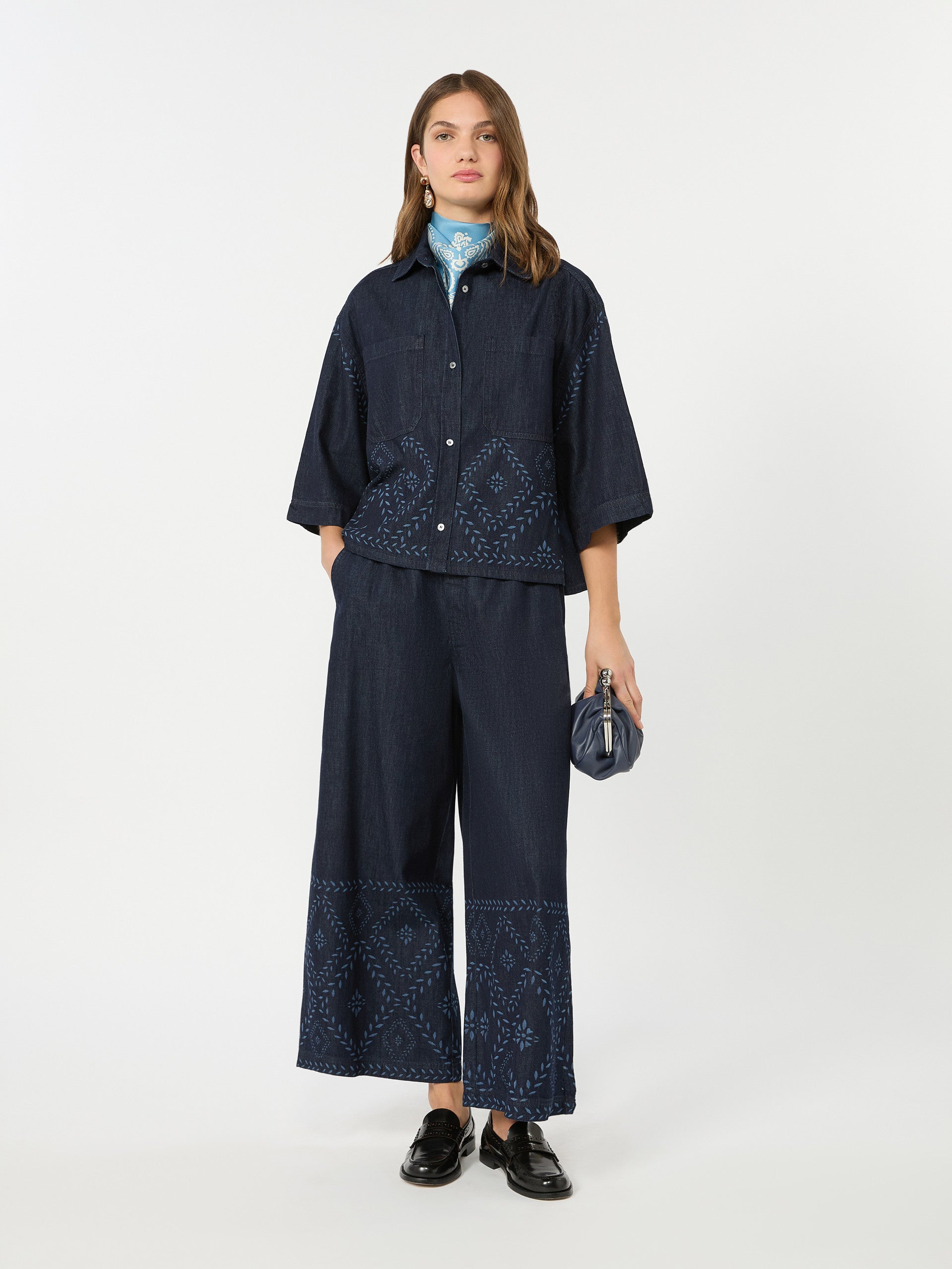 Boxy Shirt In Laser-Treated Cotton Denim for Women - Navy - Max Mara KSA