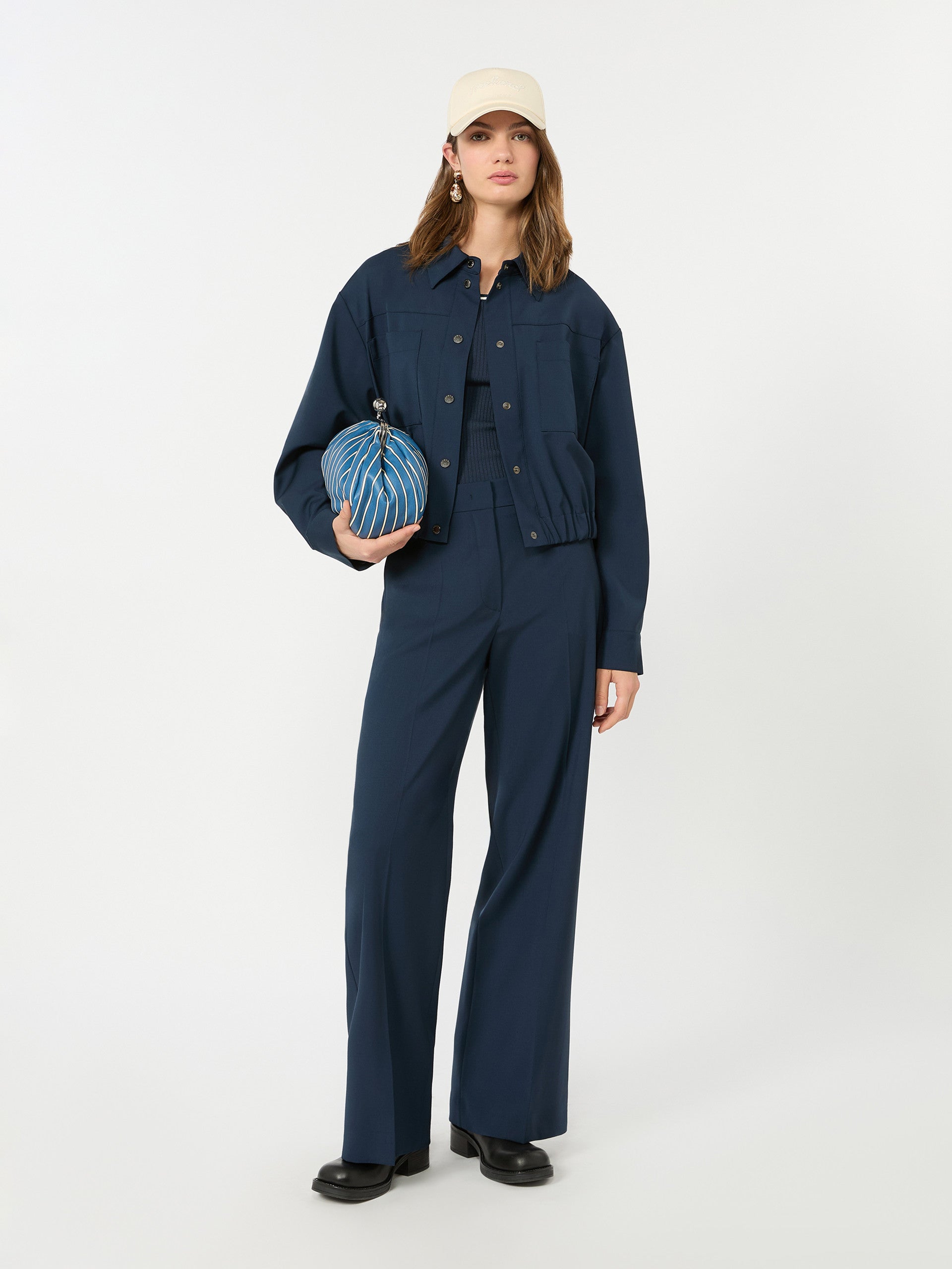 Stretch Wool Palazzo Trousers for Women - Navy - Max Mara KSA