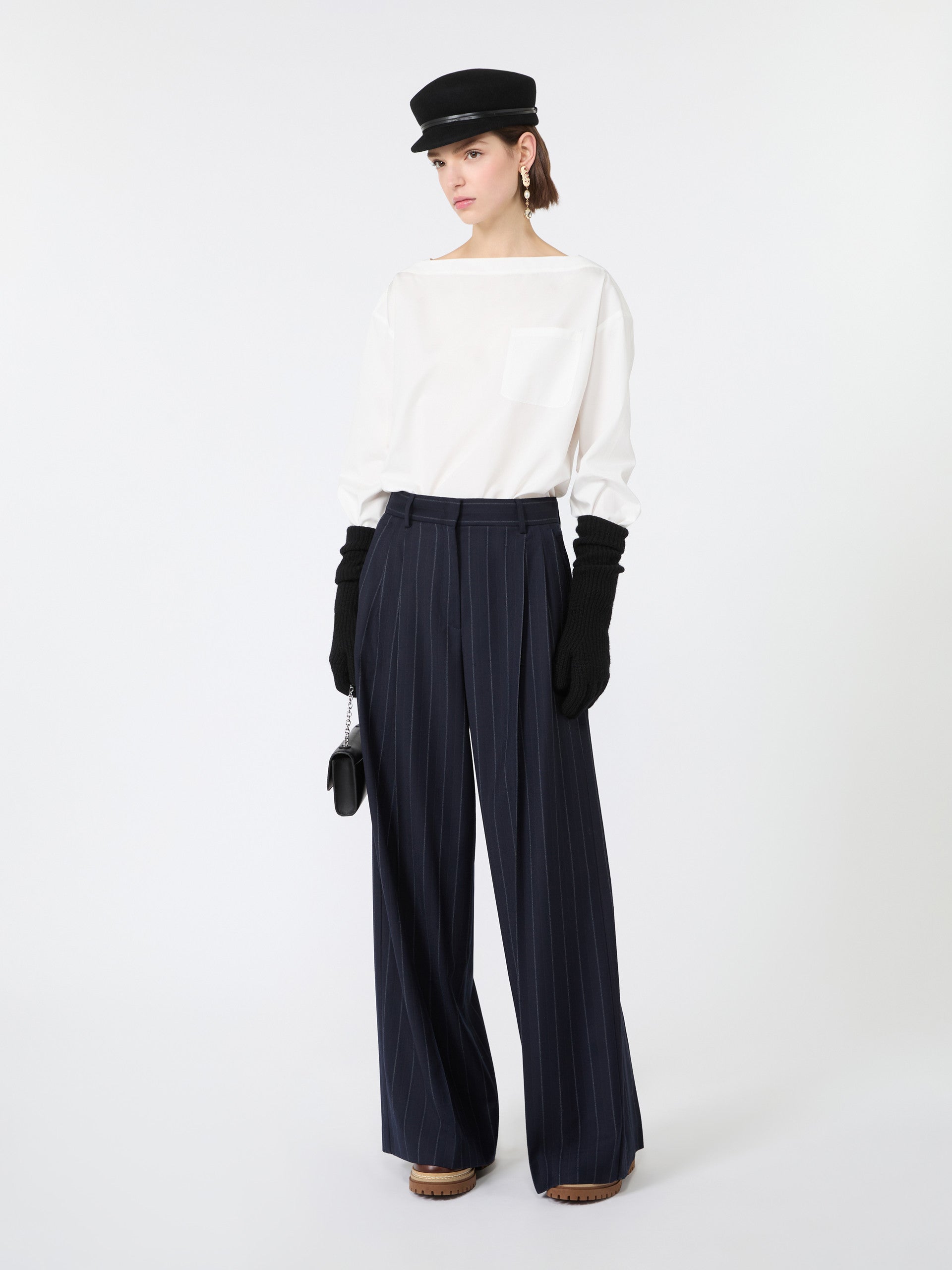 Wool Pinstriped Flannel Trousers for Women - Navy - Max Mara KSA