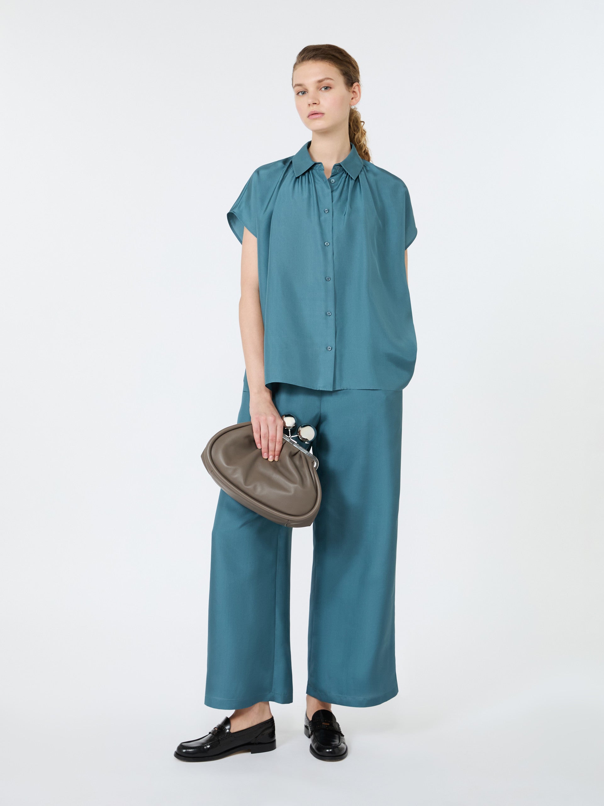 Cropped Silk Trousers for Women - Light Blue - Max Mara KSA