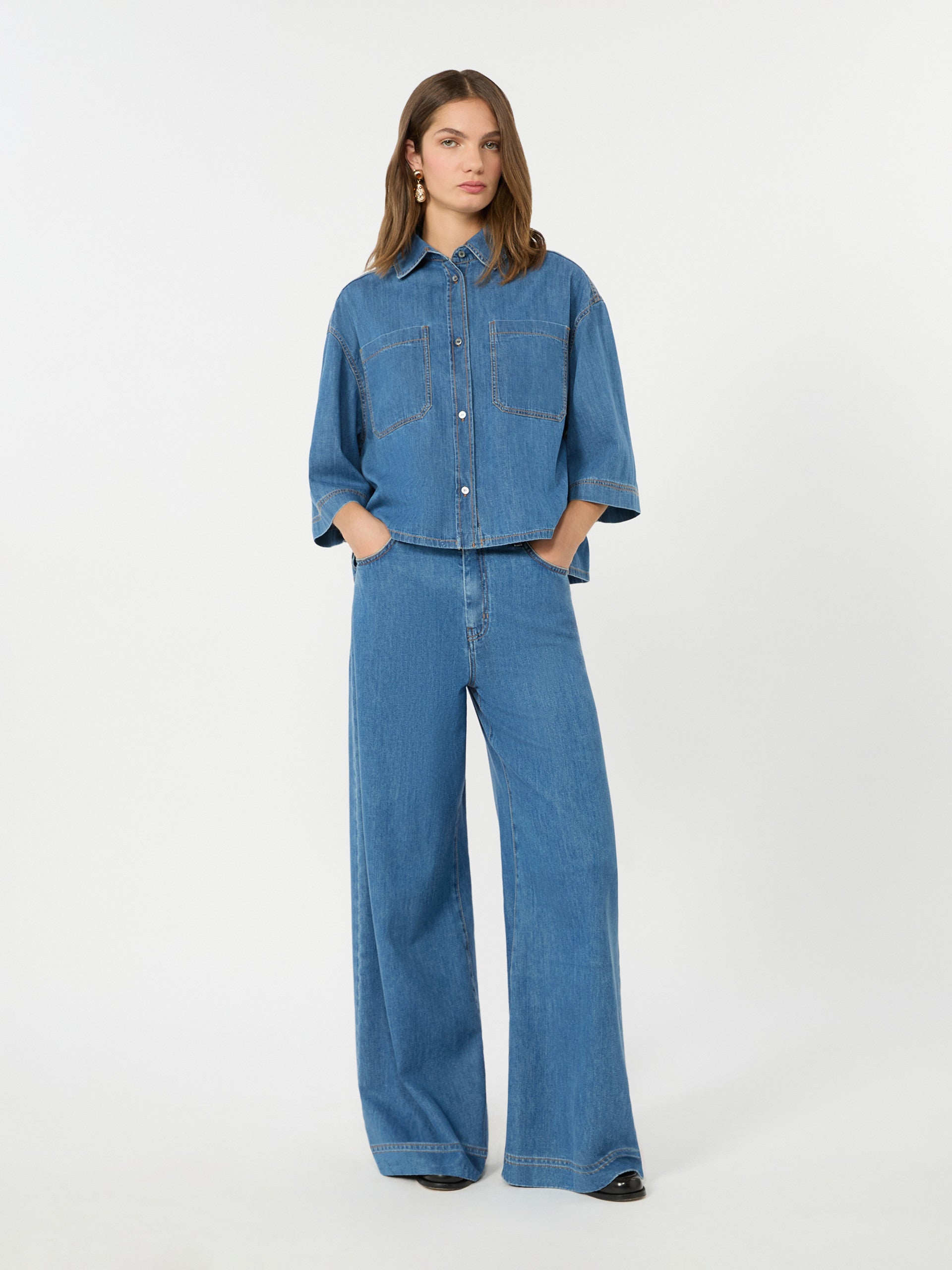 Cotton Denim Wide-Leg Jeans for Women - Navy - Max Mara KSA