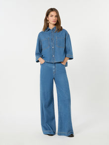 Cotton Denim Wide-Leg Jeans for Women - Navy - Max Mara KSA