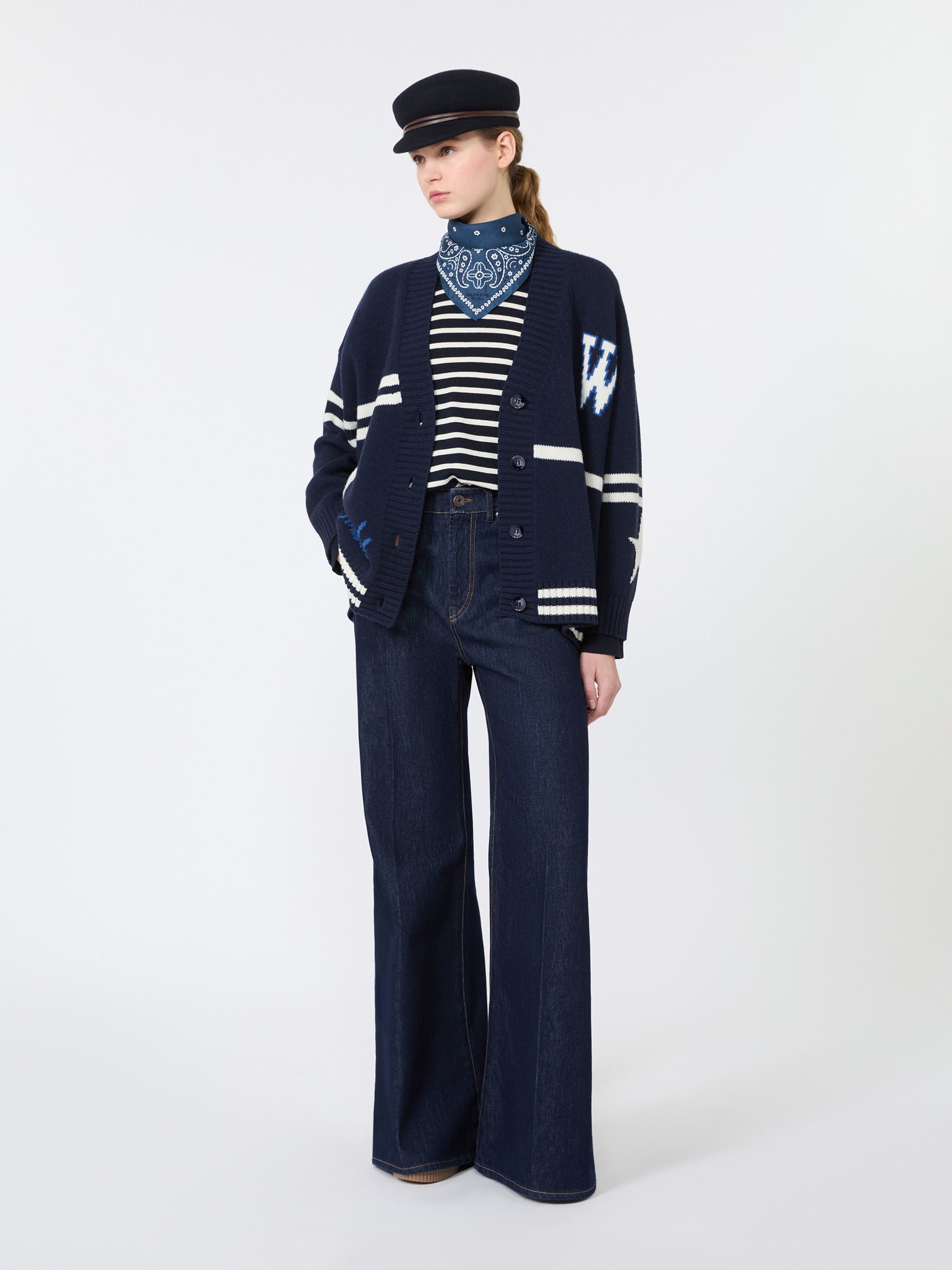 Cotton Denim Palazzo Jeans for Women - Navy - Max Mara KSA