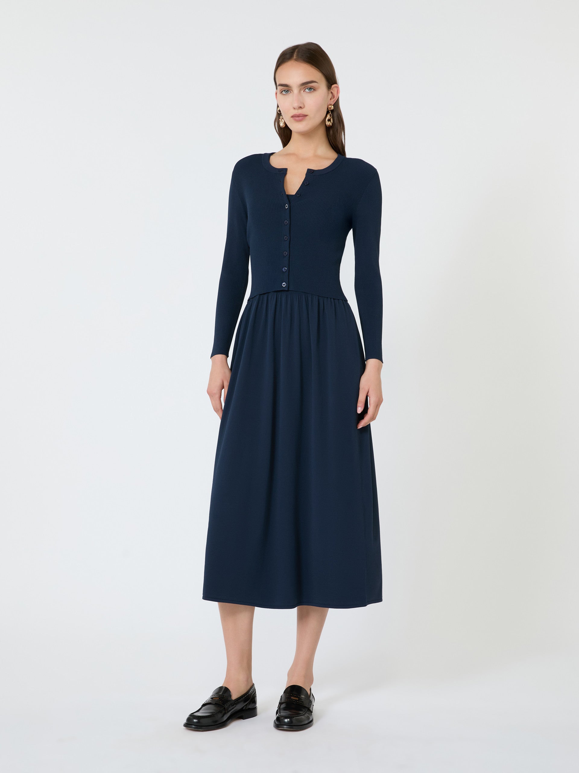 Fine Rib-Knit Viscose Yarn Cardigan for Women - Navy - Max Mara KSA