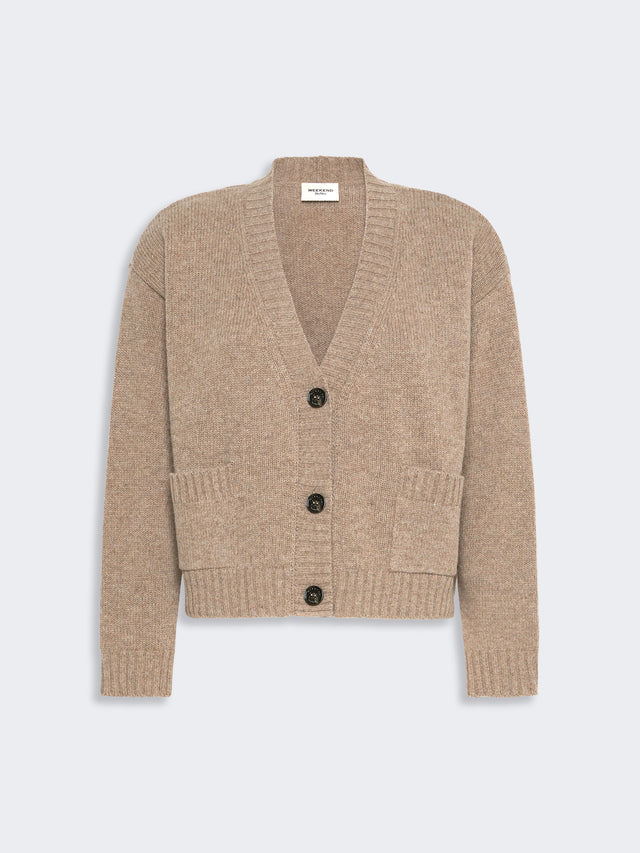 V-Neck Wool Yarn Cardigan for Women - Hazelnut Brown - Max Mara KSA