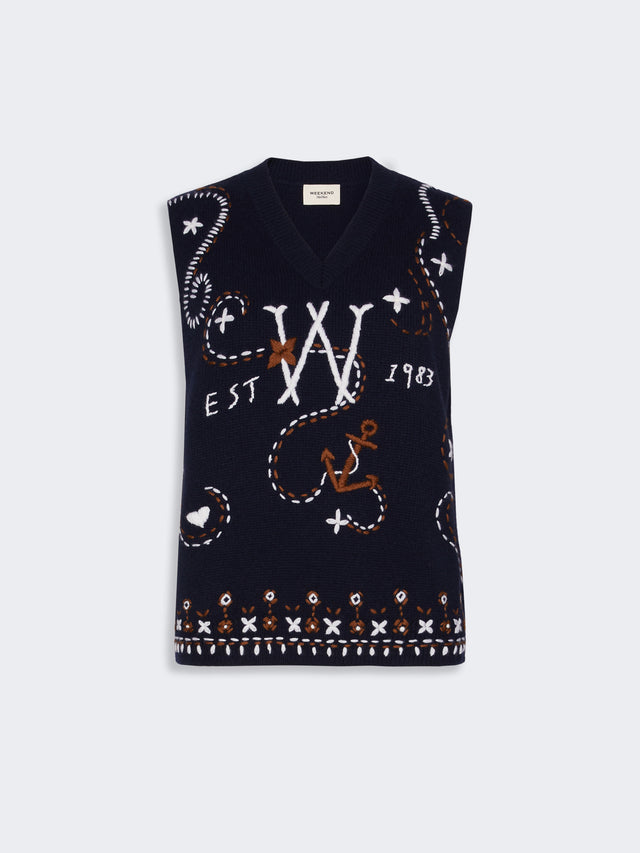Wool Yarn Gilet With Embroidery for Women - Ultramarine - Max Mara KSA