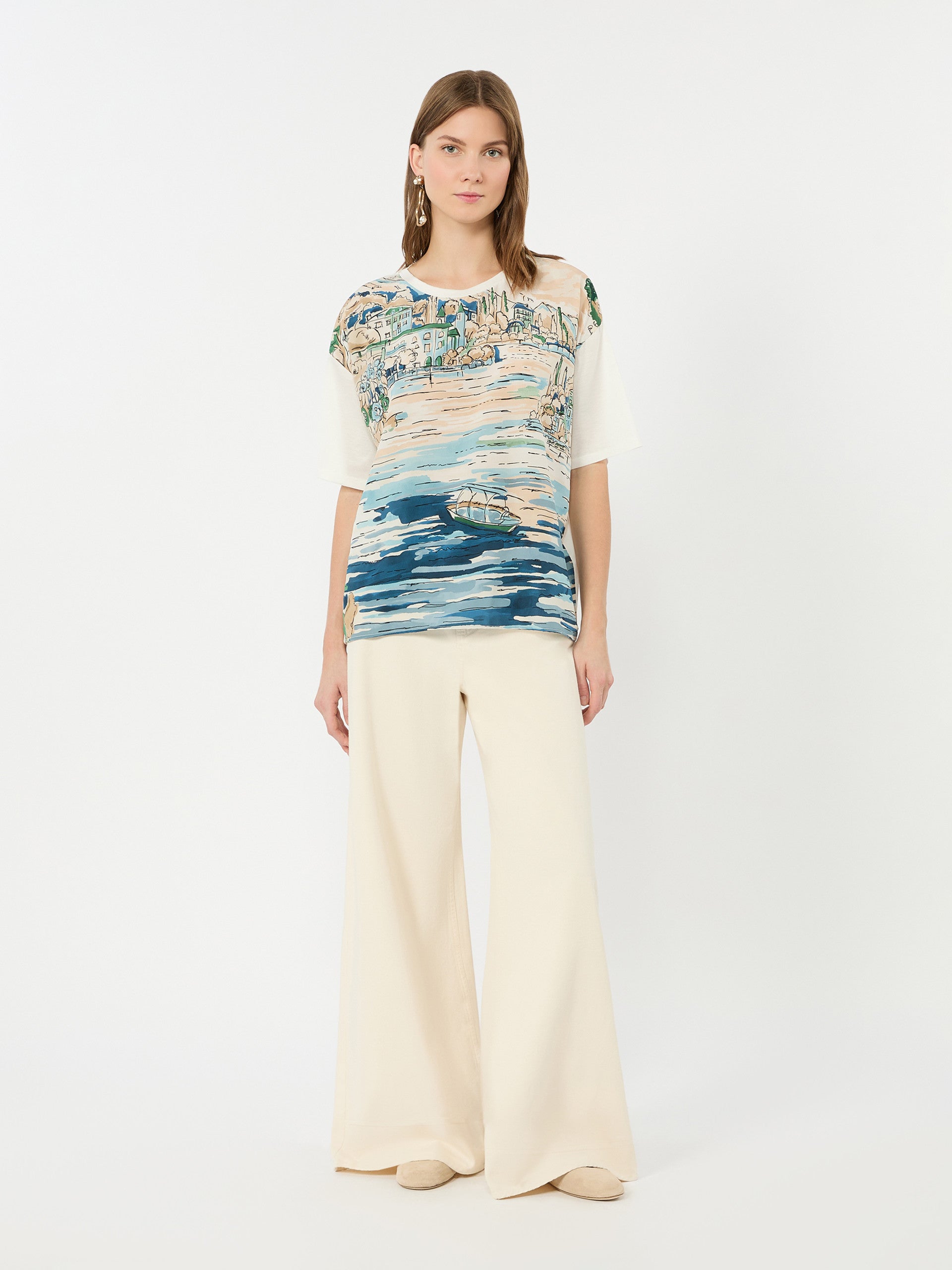 Jersey And Printed Silk T-Shirt for Women - Light Blue - Max Mara KSA