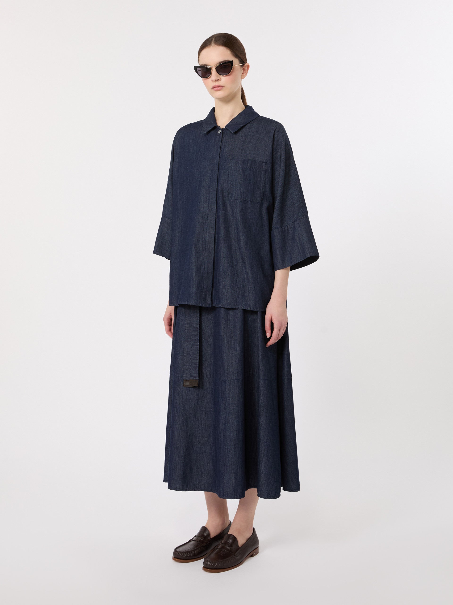 Wide Cotton Denim Shirt for Women - Midnightblue - Max Mara KSA