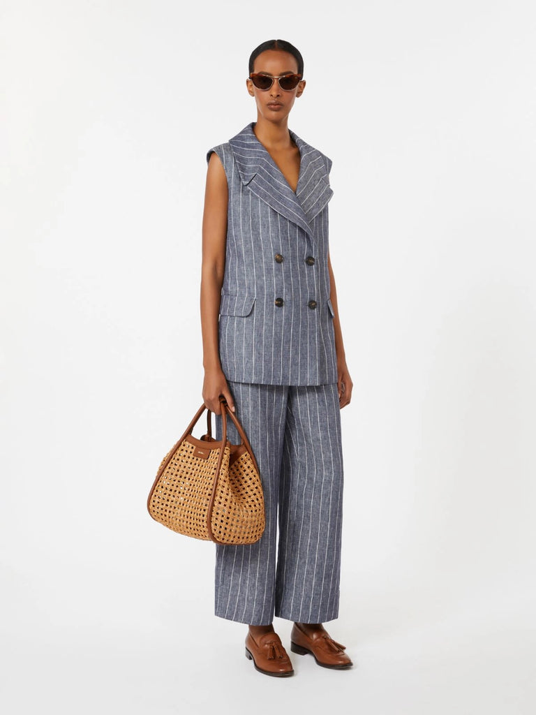 Denim-look pinstripe linen trousers