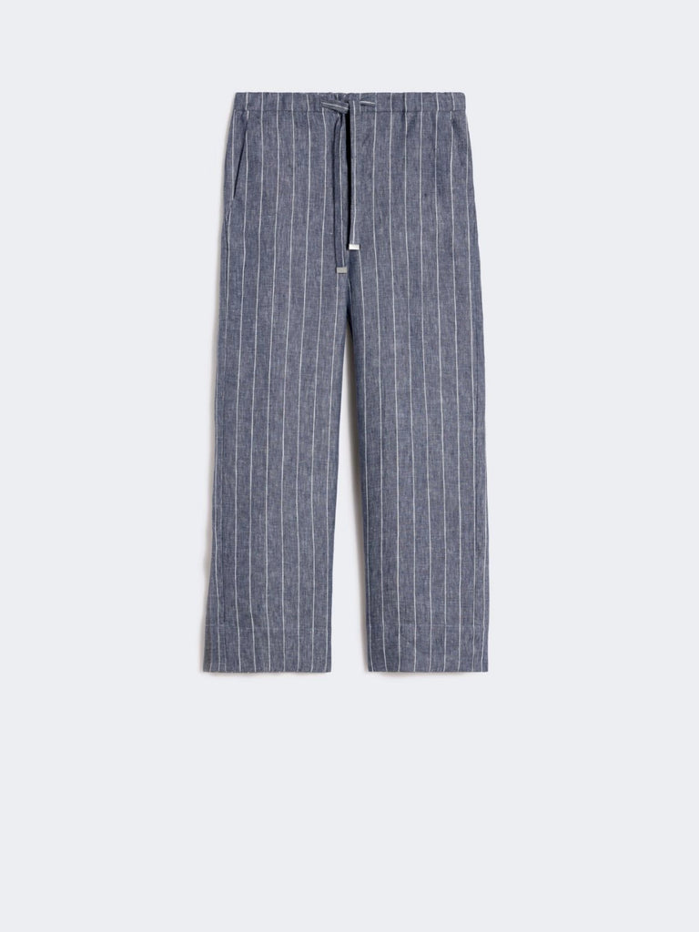 Denim-look pinstripe linen trousers