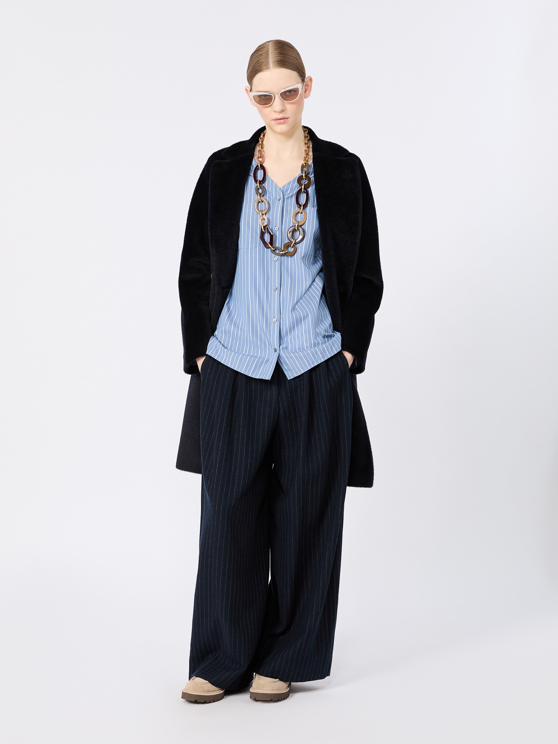 Chalk-Stripe Wool Trousers for Women - Midnightblue - Max Mara KSA