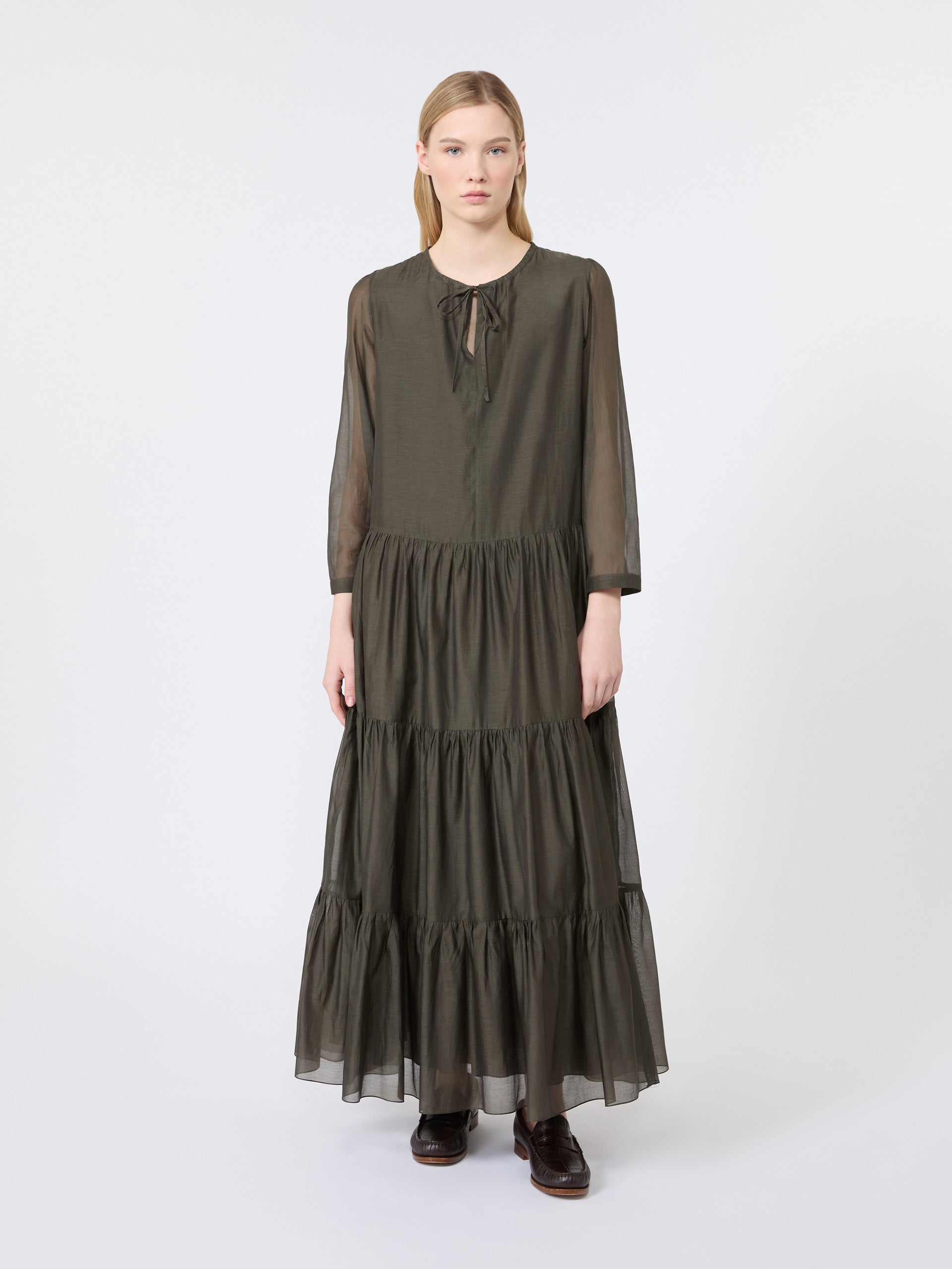 Cotton And Silk Voile Maxi Dress for Women - Kaki - Max Mara KSA