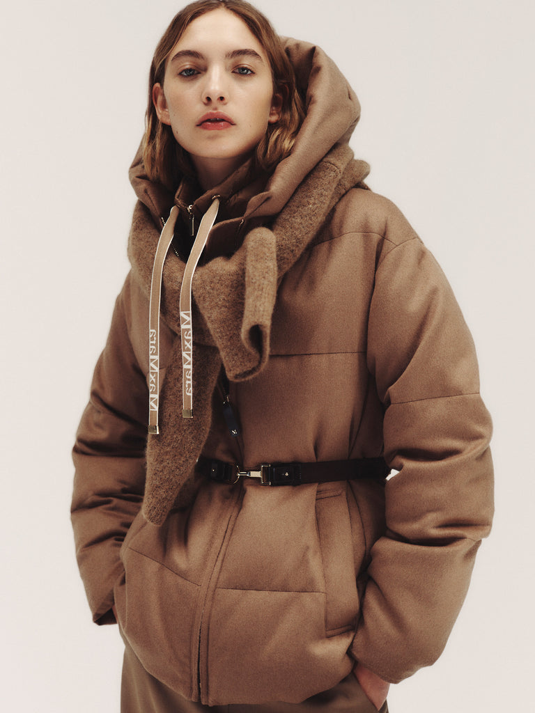 max mara short water-repellent canvas and camel down jacket