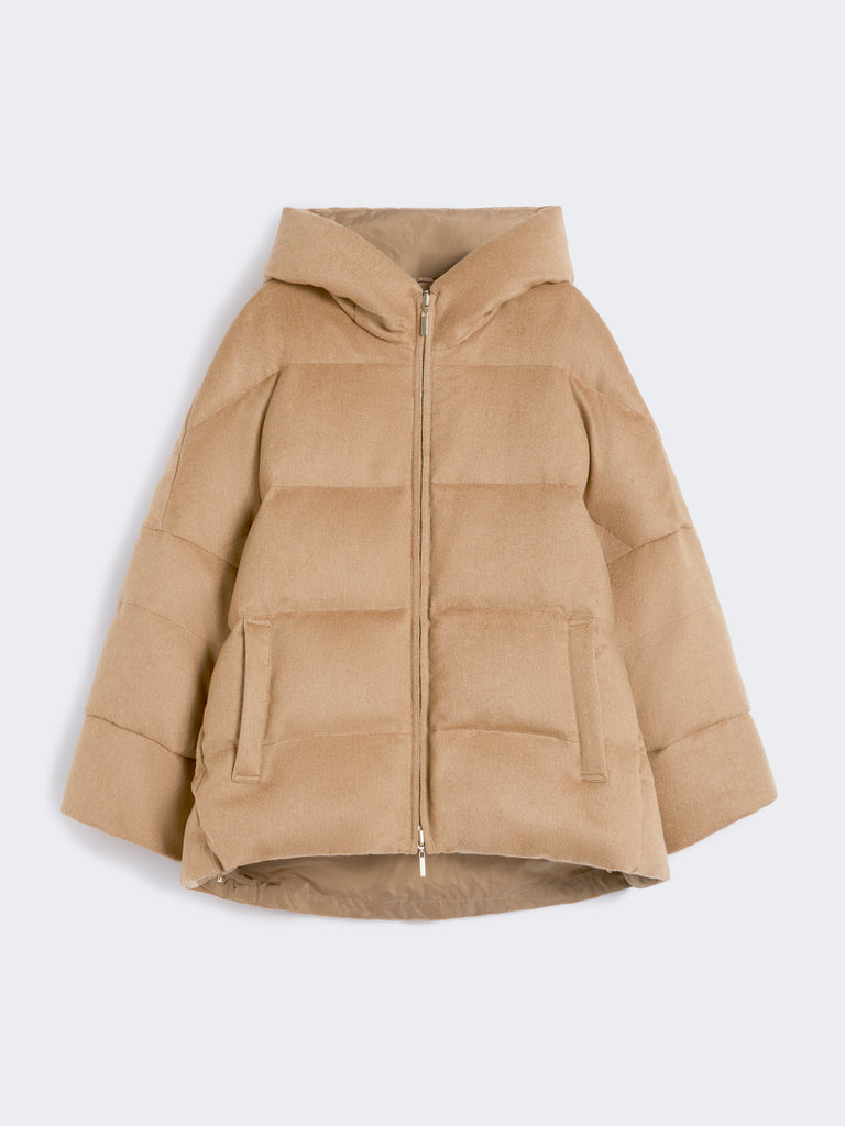 Reversible down jacket in camel and water-repellent taffeta