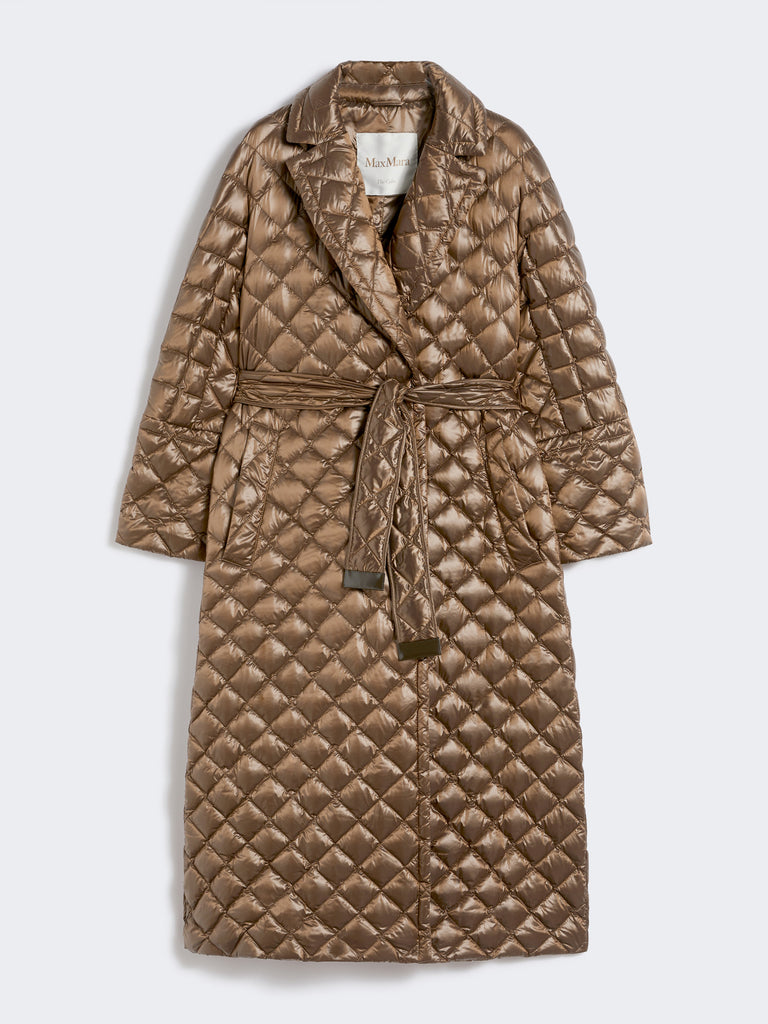 Long quilted down jacket in water-repellent fabric