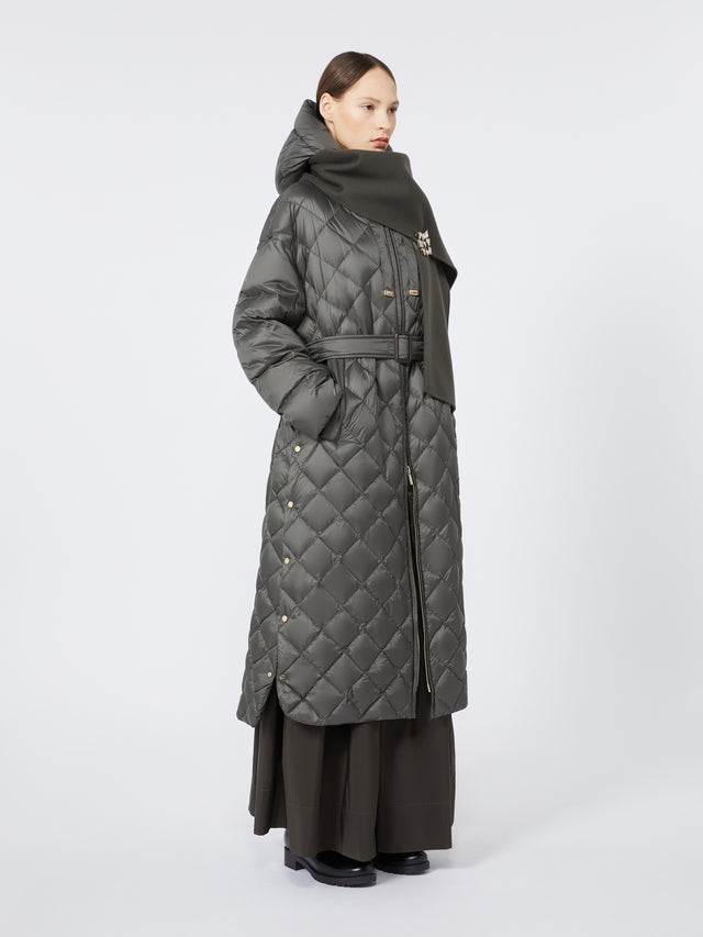 Long quilted down jacket in water-repellent fabric