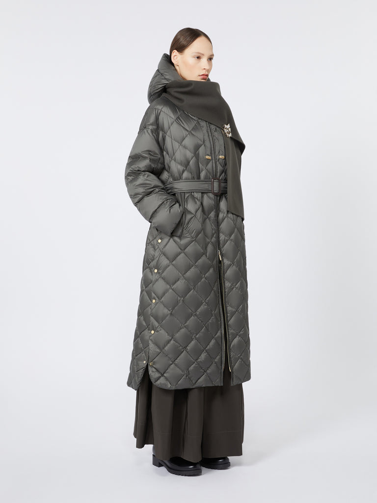 Long quilted down jacket in water-repellent fabric