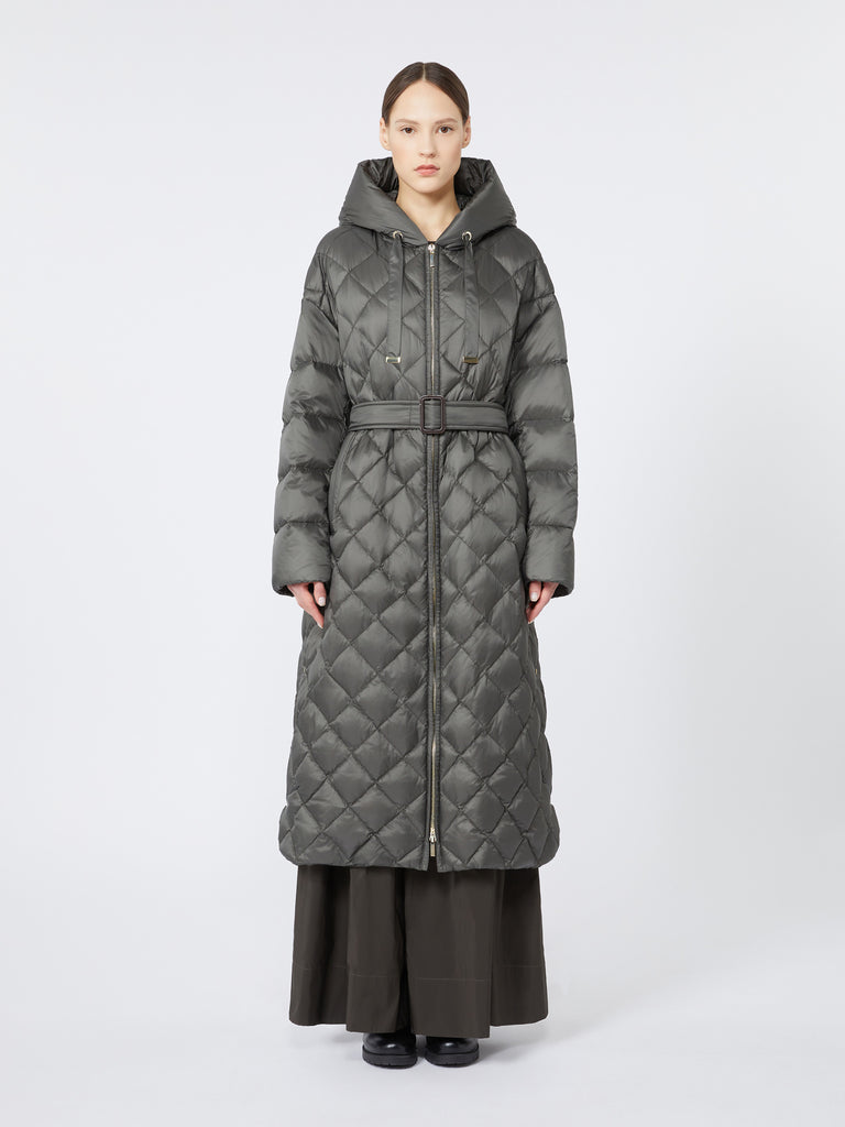 Long quilted down jacket in water-repellent fabric