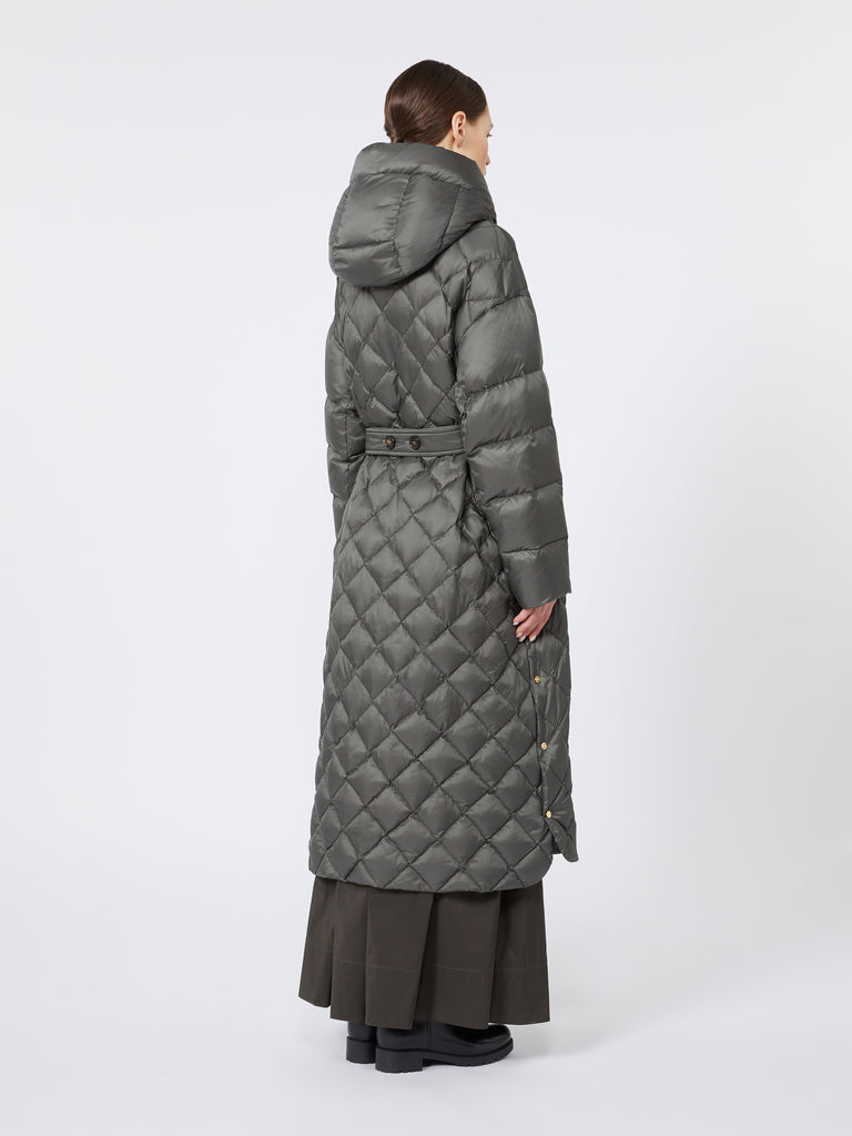 Long quilted down jacket in water-repellent fabric