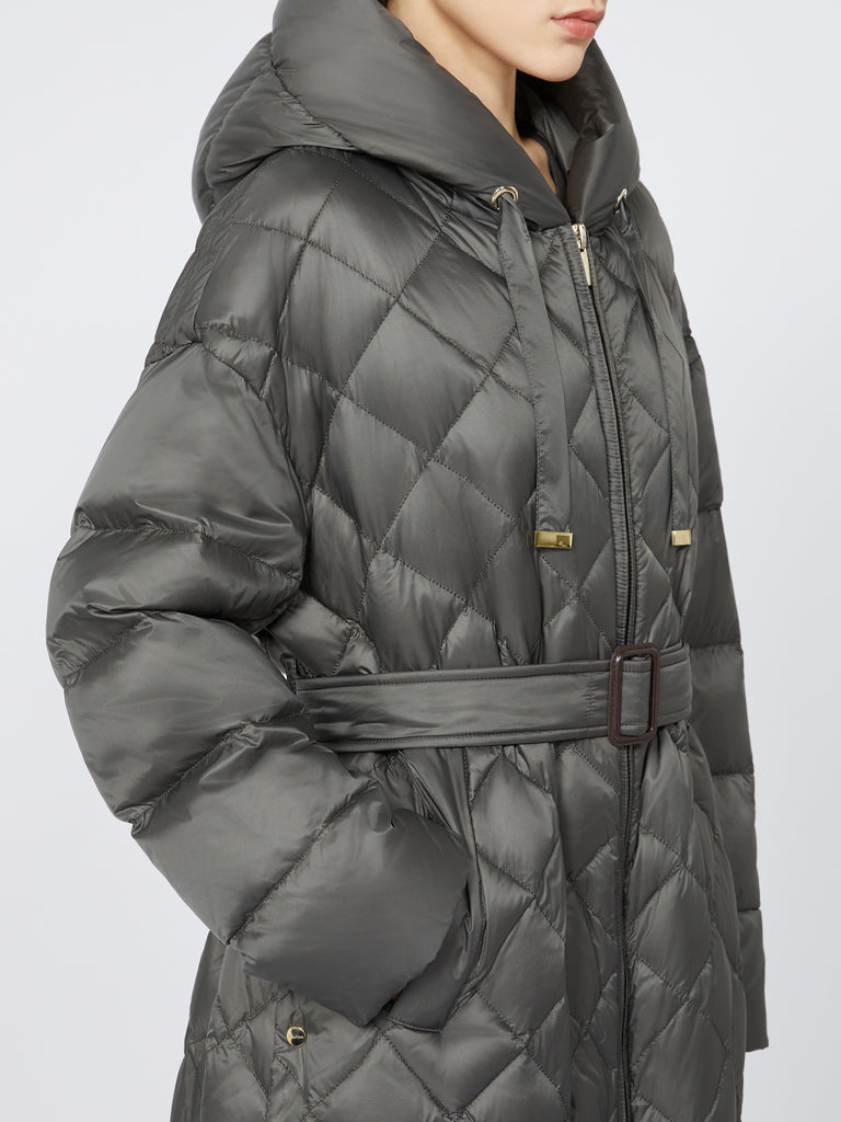 Long quilted down jacket in water-repellent fabric