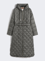 Long quilted down jacket in water-repellent fabric