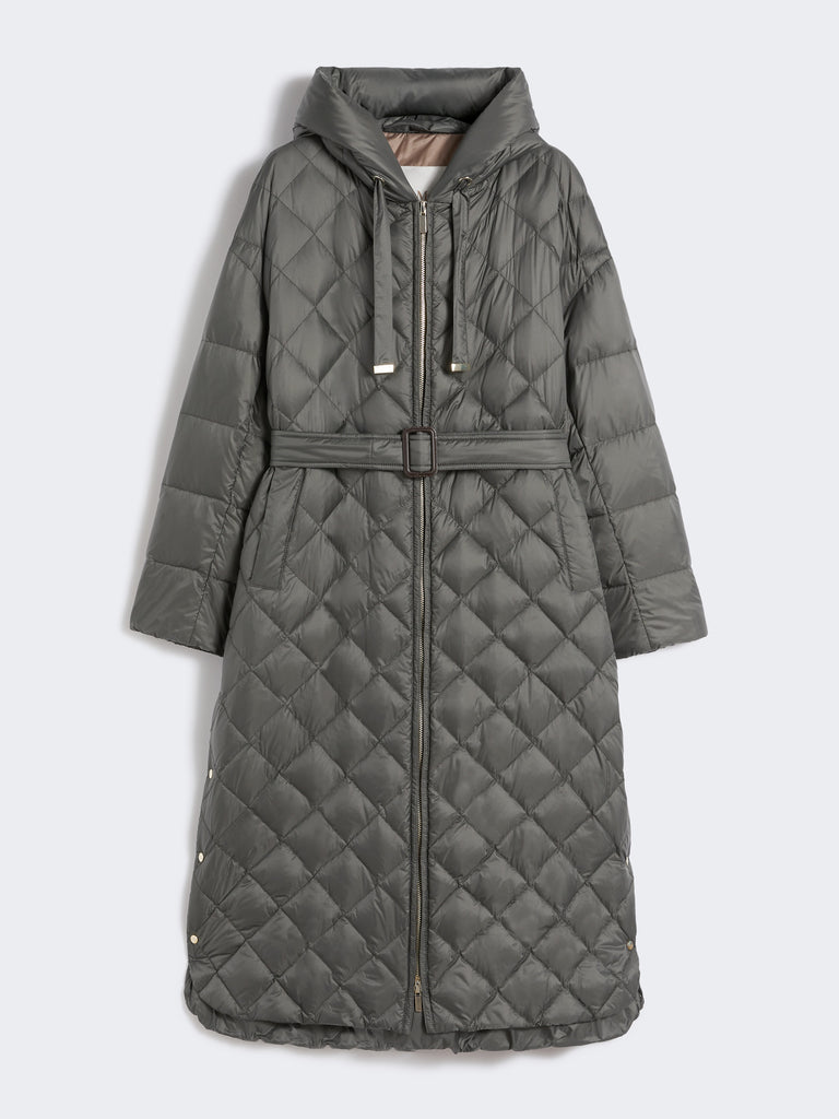 Long quilted down jacket in water-repellent fabric