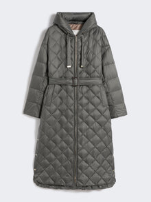 Long quilted down jacket in water-repellent fabric