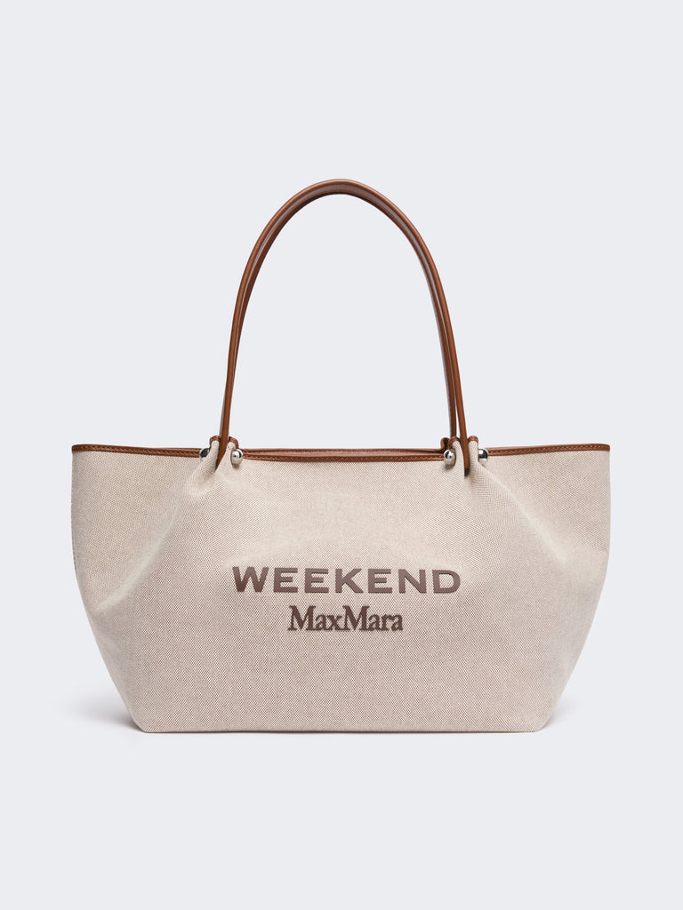 max mara plain-weave fabric and leather shopping bag