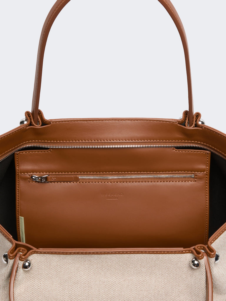 max mara plain-weave fabric and leather shopping bag